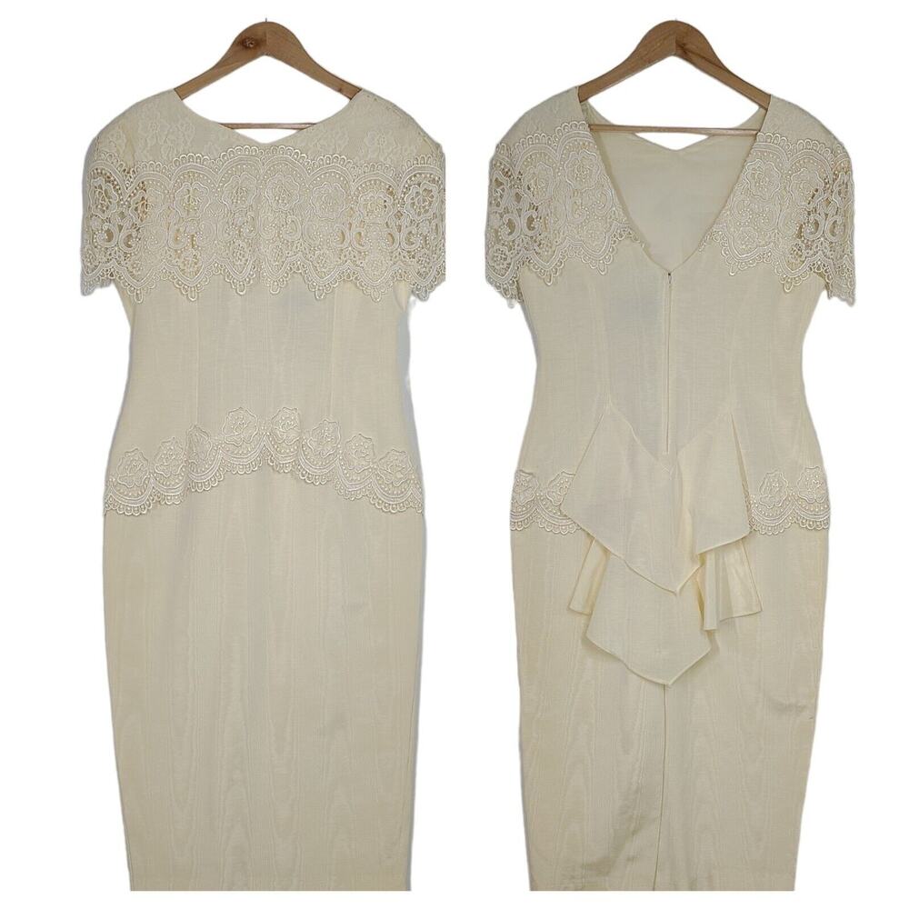 Vintage Cachet Bari Protas Dress 12 Ivory Lace Peplum Formal Romantic